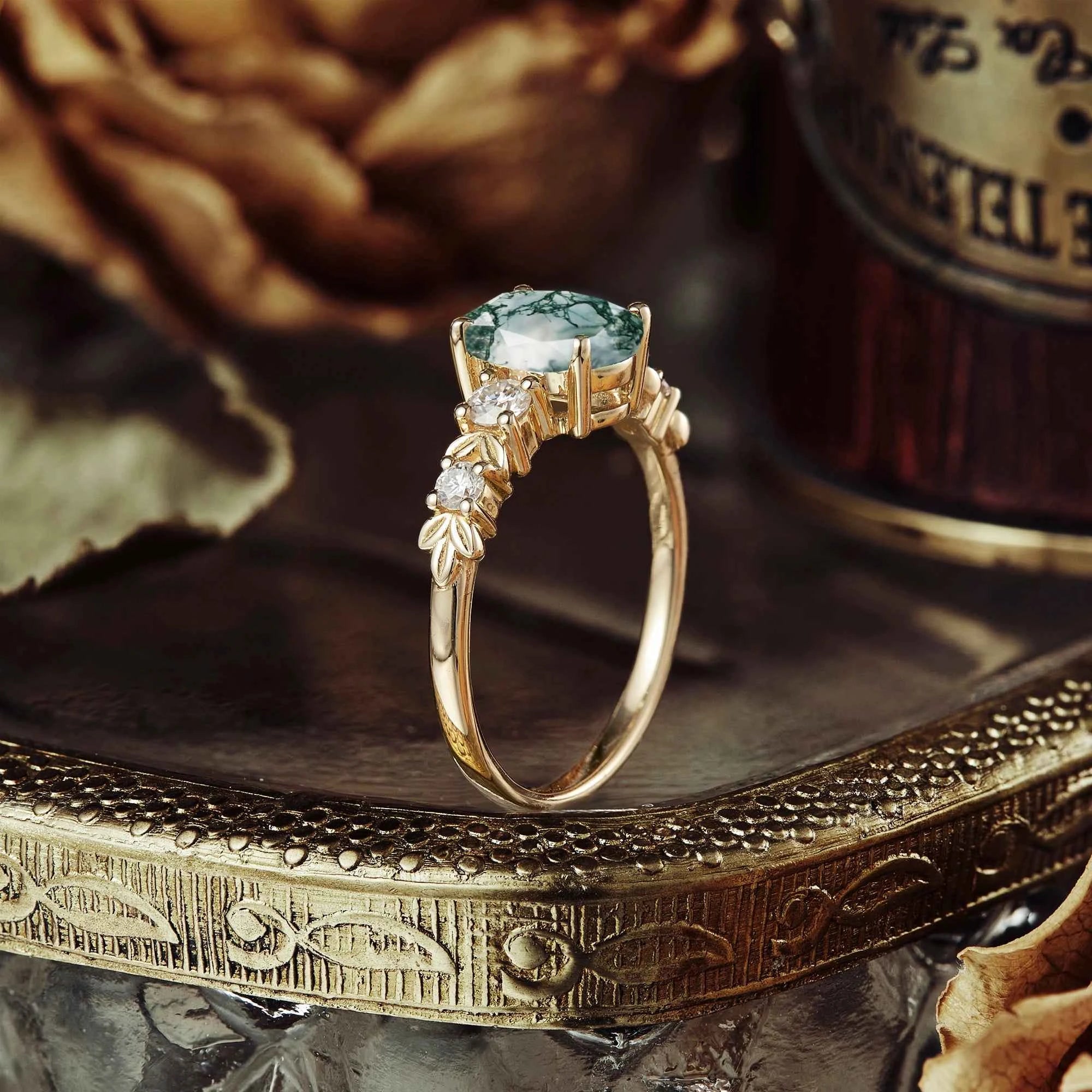 Oval Cut Moss Agate Leaf Inspired Elven Engagement Ring - GemsMagic