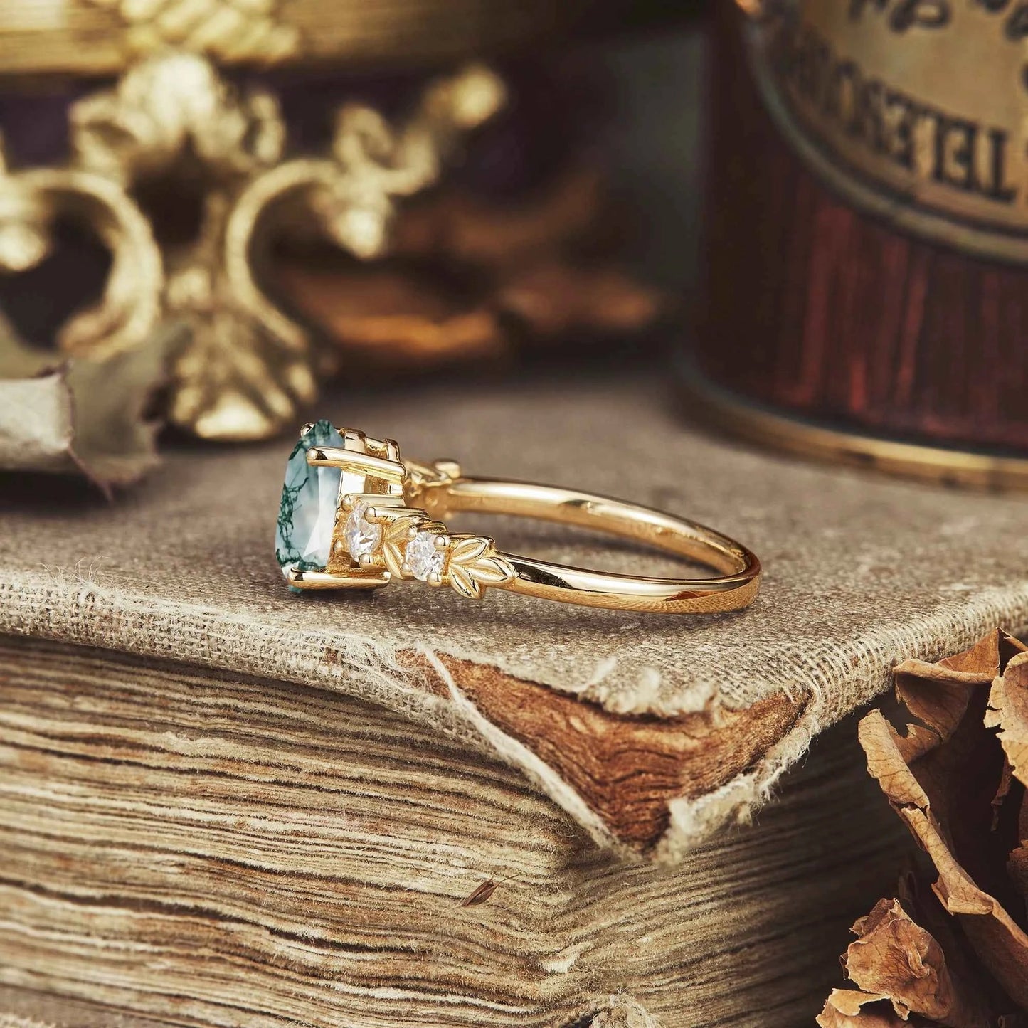 Oval Cut Moss Agate Leaf Inspired Elven Engagement Ring - GemsMagic