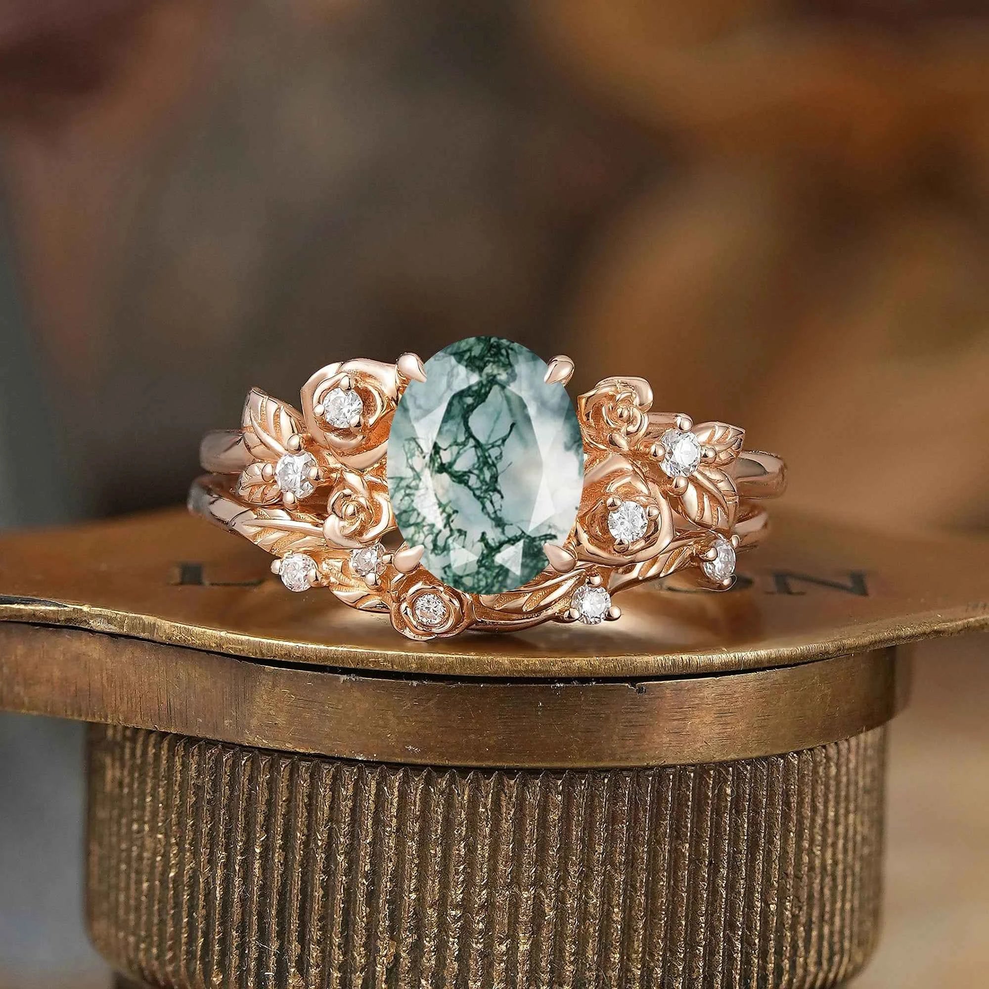 Oval Cut Moss Agate Rose Blossom Inspired Bridal Ring Set - GemsMagic