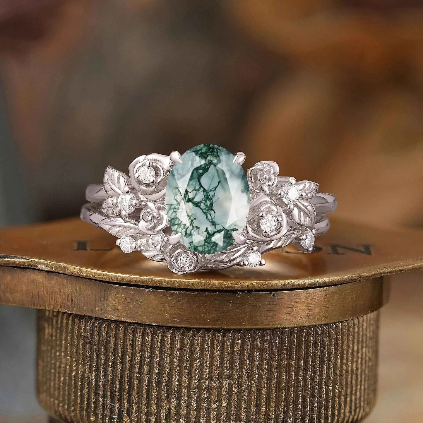 Oval Cut Moss Agate Rose Blossom Inspired Bridal Ring Set - GemsMagic