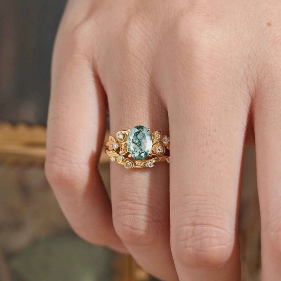 Oval Cut Moss Agate Rose Blossom Inspired Bridal Ring Set - GemsMagic
