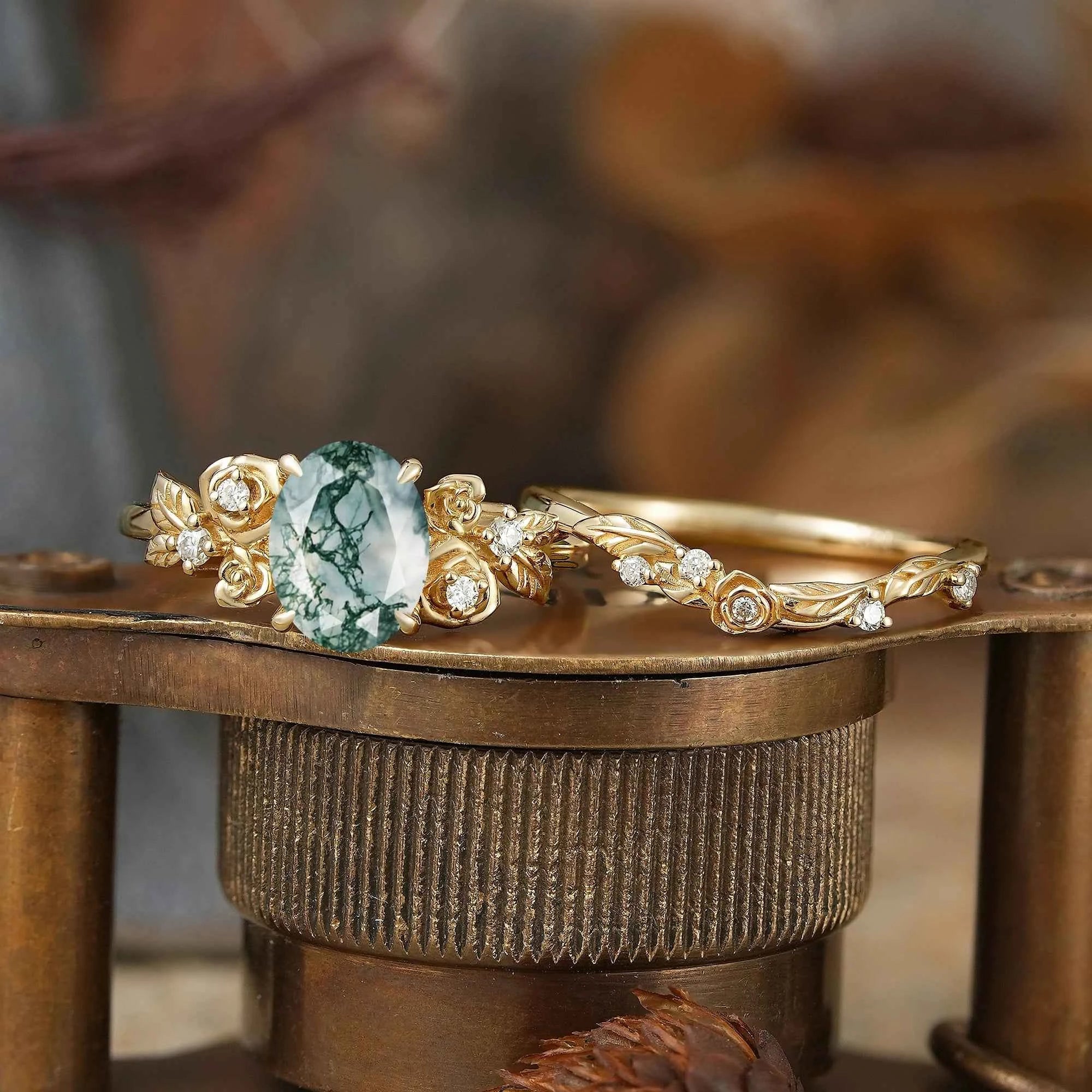 Oval Cut Moss Agate Rose Blossom Inspired Bridal Ring Set - GemsMagic