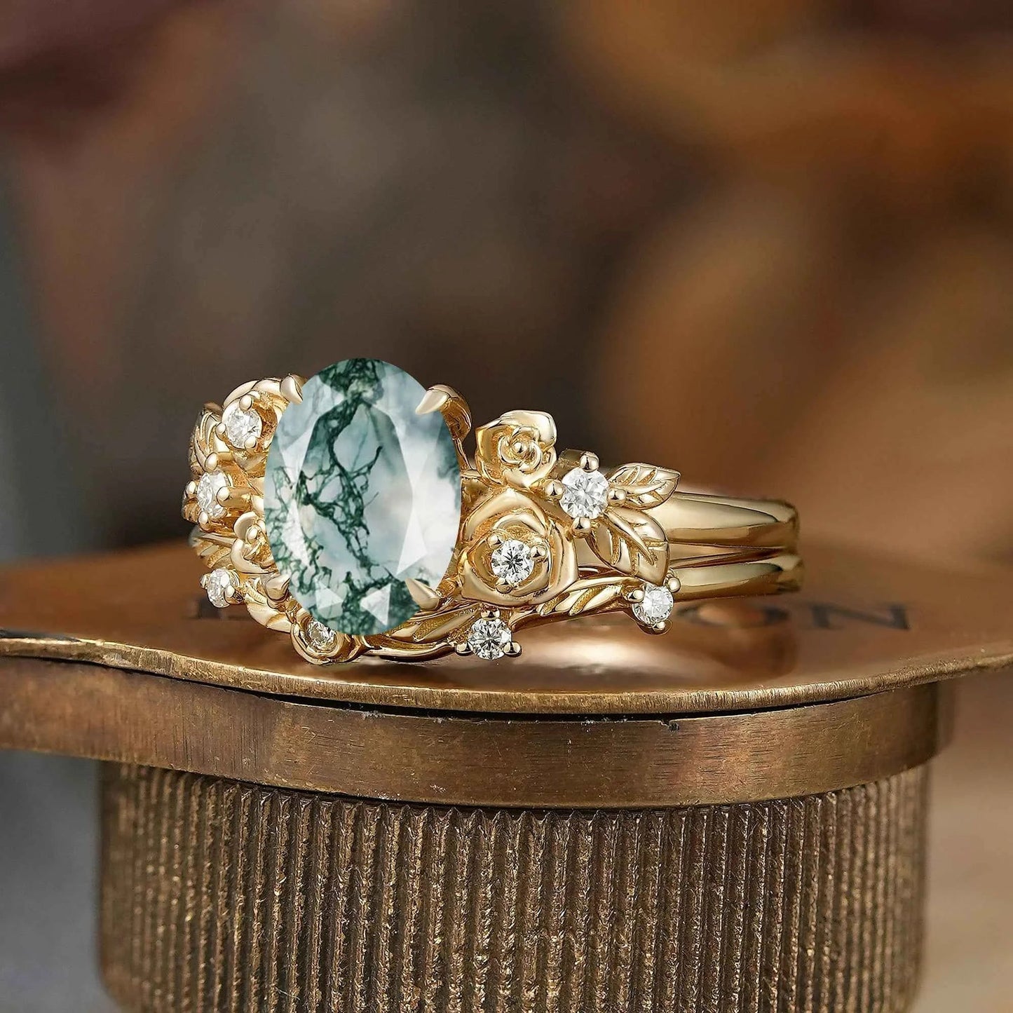 Oval Cut Moss Agate Rose Blossom Inspired Bridal Ring Set - GemsMagic