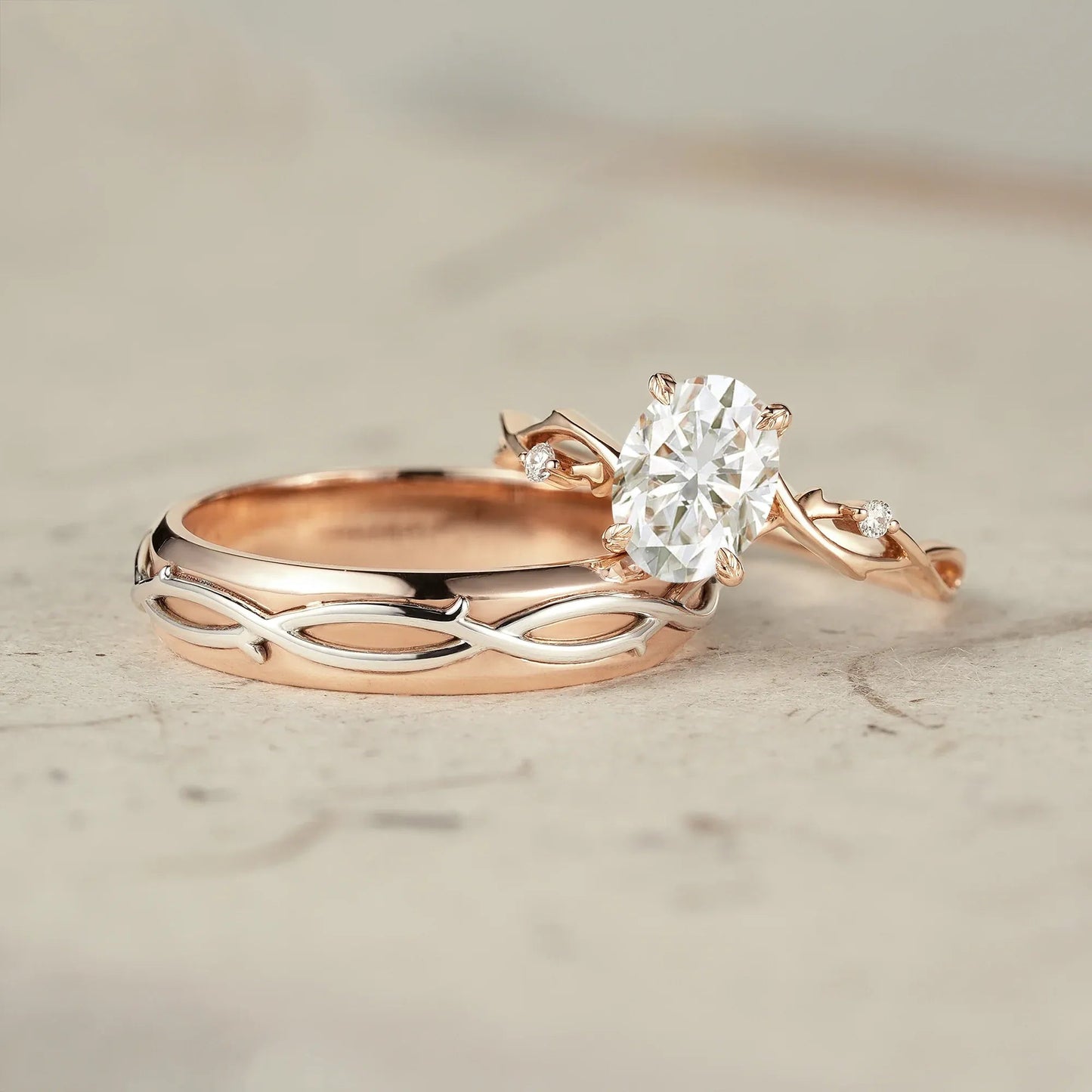Oval - Cut Rose Gold Vine Couple’s Ring Set - Bonded for Life - GemsMagic