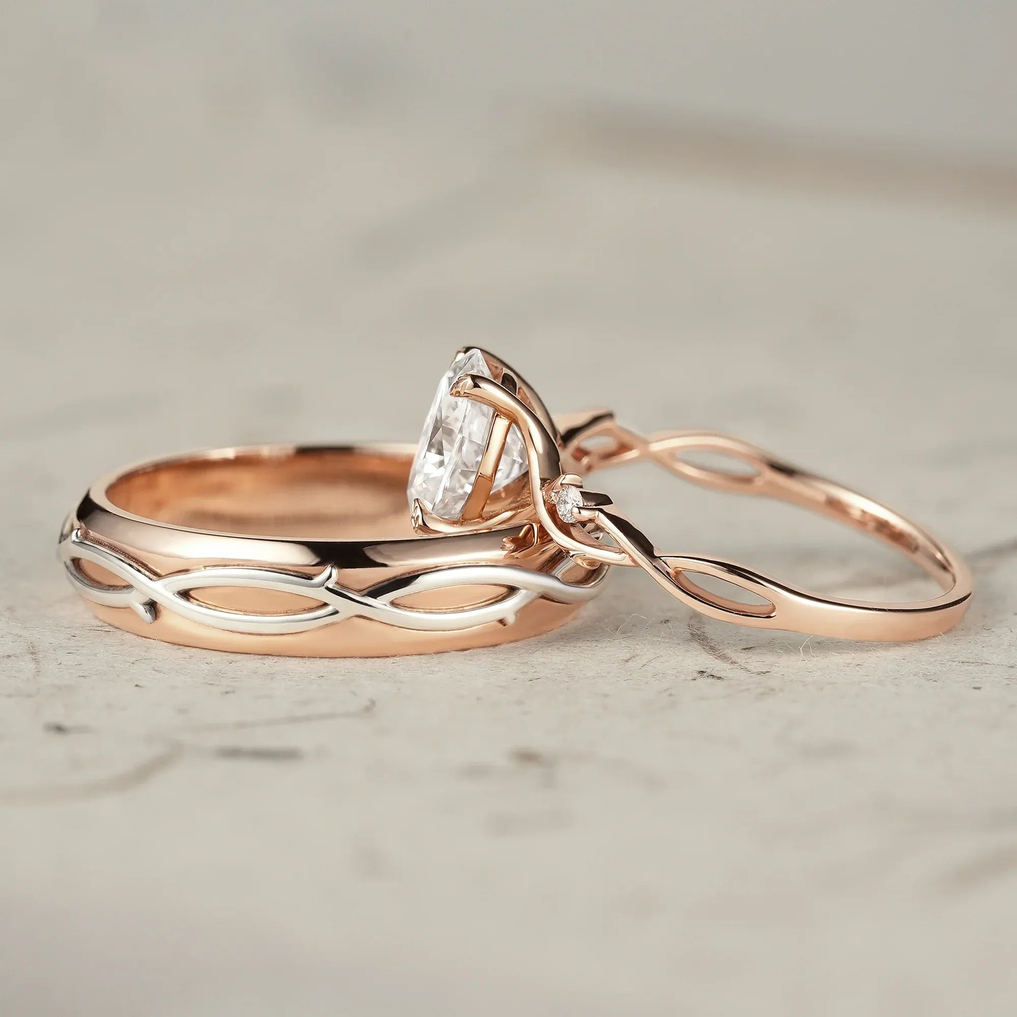 Oval - Cut Rose Gold Vine Couple’s Ring Set - Bonded for Life - GemsMagic