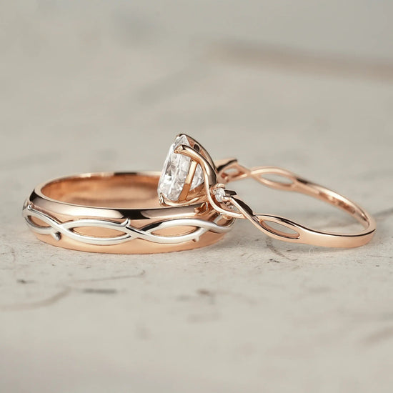 Oval - Cut Rose Gold Vine Couple’s Ring Set - Bonded for Life - GemsMagic