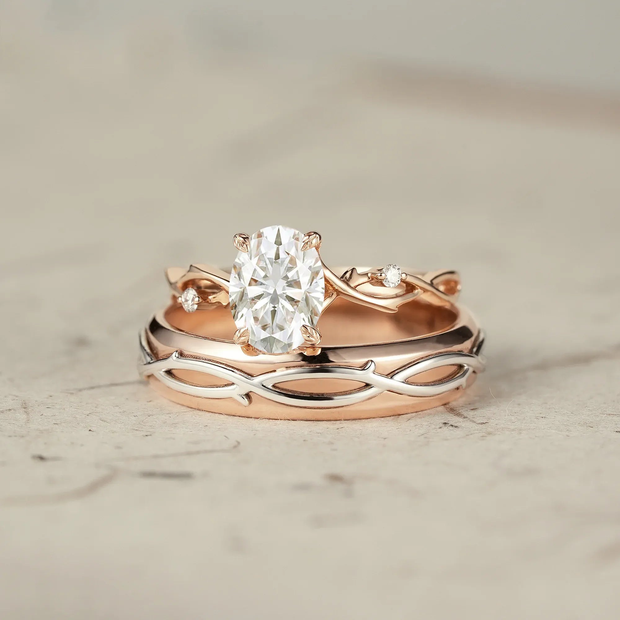 Oval - Cut Rose Gold Vine Couple’s Ring Set - Bonded for Life - GemsMagic