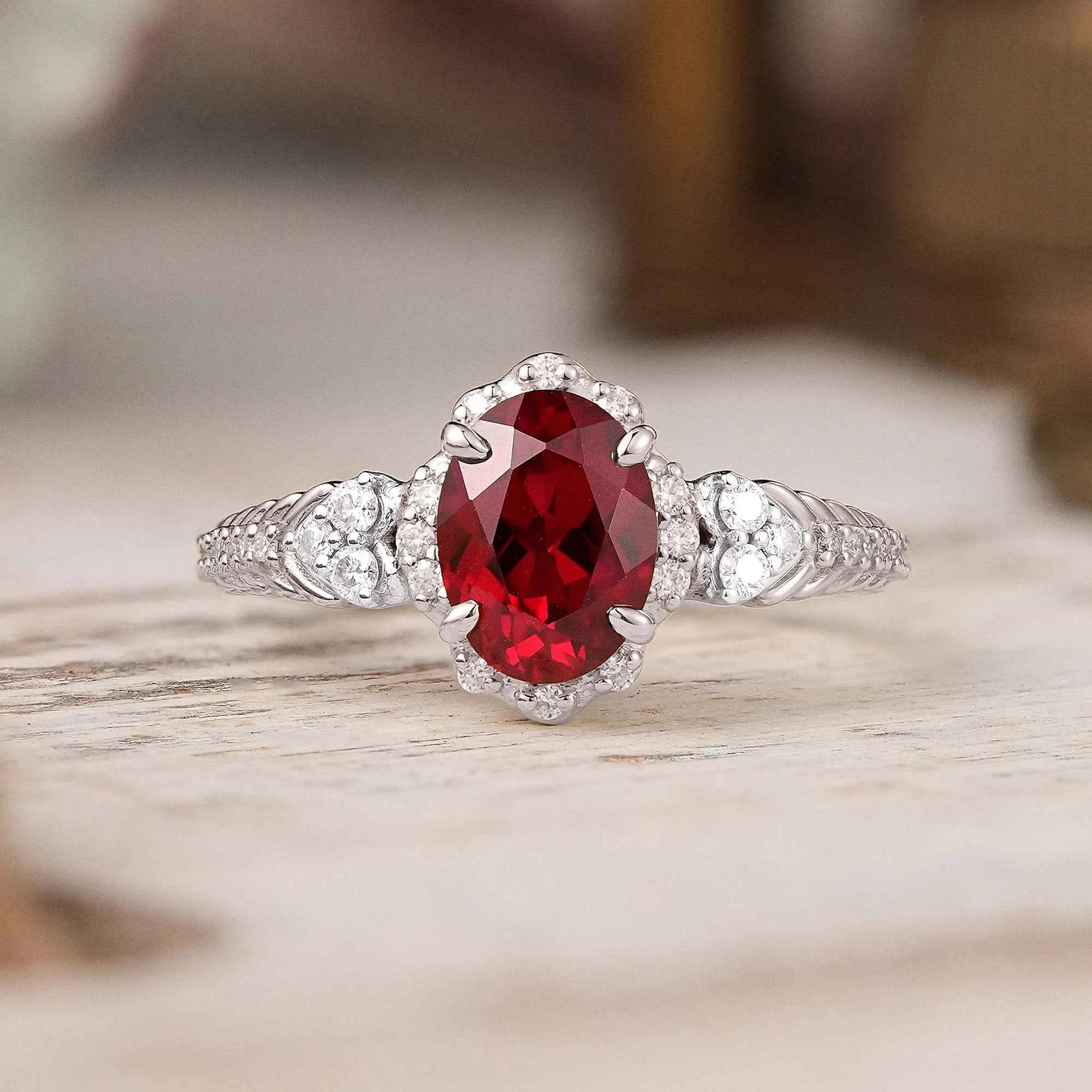 Oval Cut Ruby Halo Vintage Inspired Engagement Ring - GemsMagic