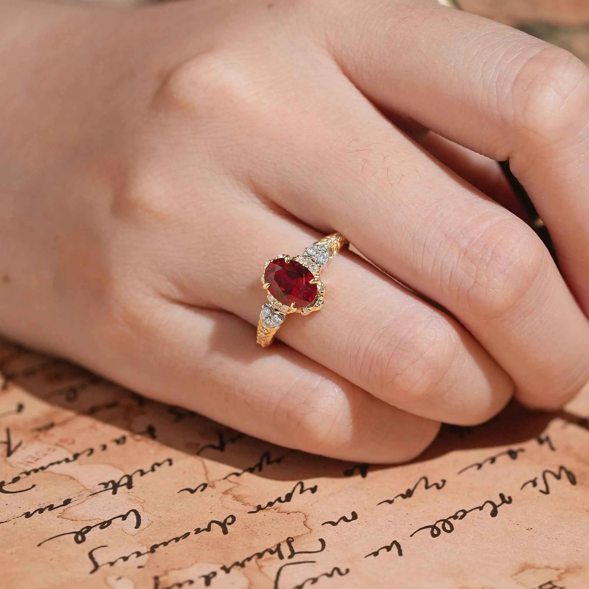 Oval Cut Ruby Halo Vintage Inspired Engagement Ring - GemsMagic