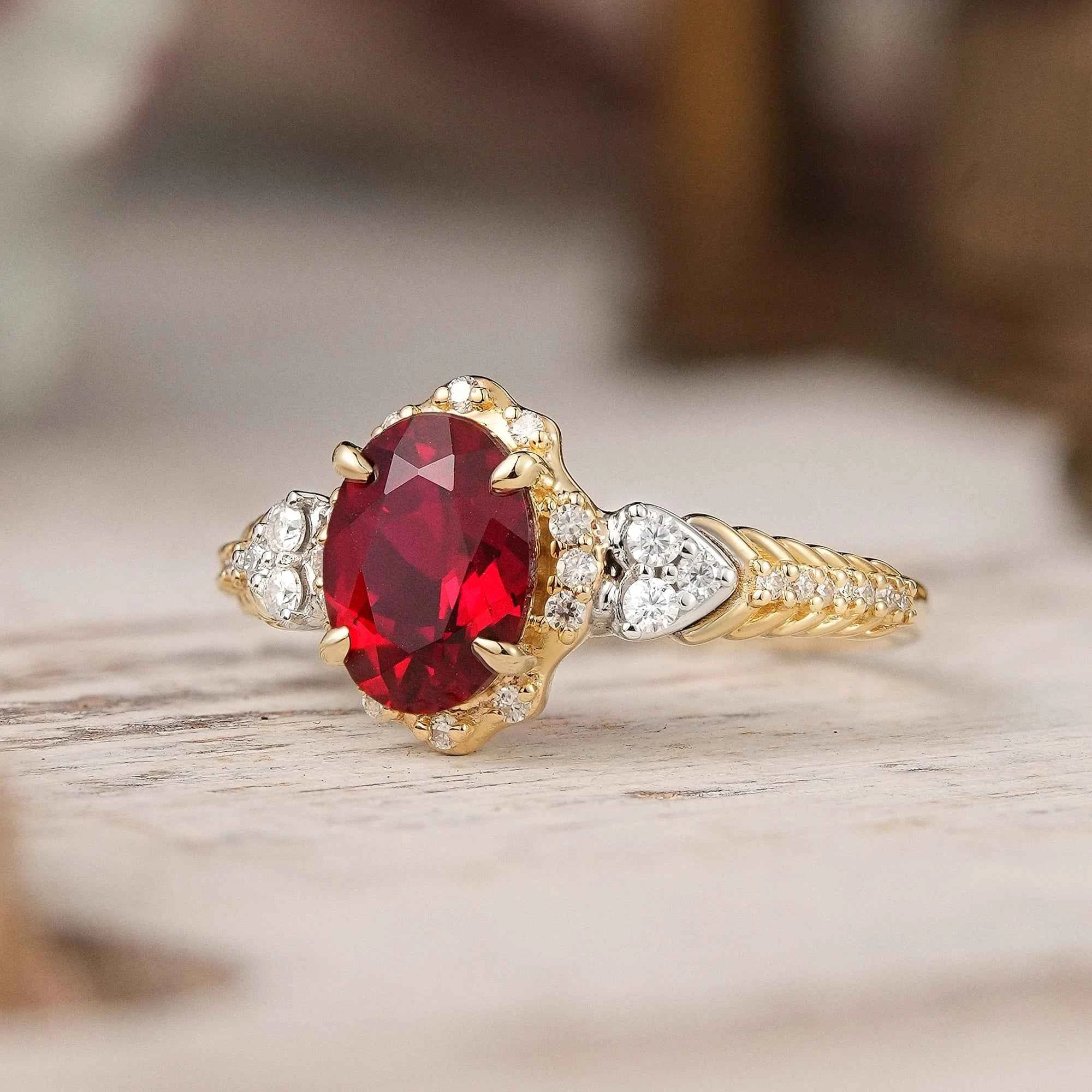 Oval Cut Ruby Halo Vintage Inspired Engagement Ring - GemsMagic