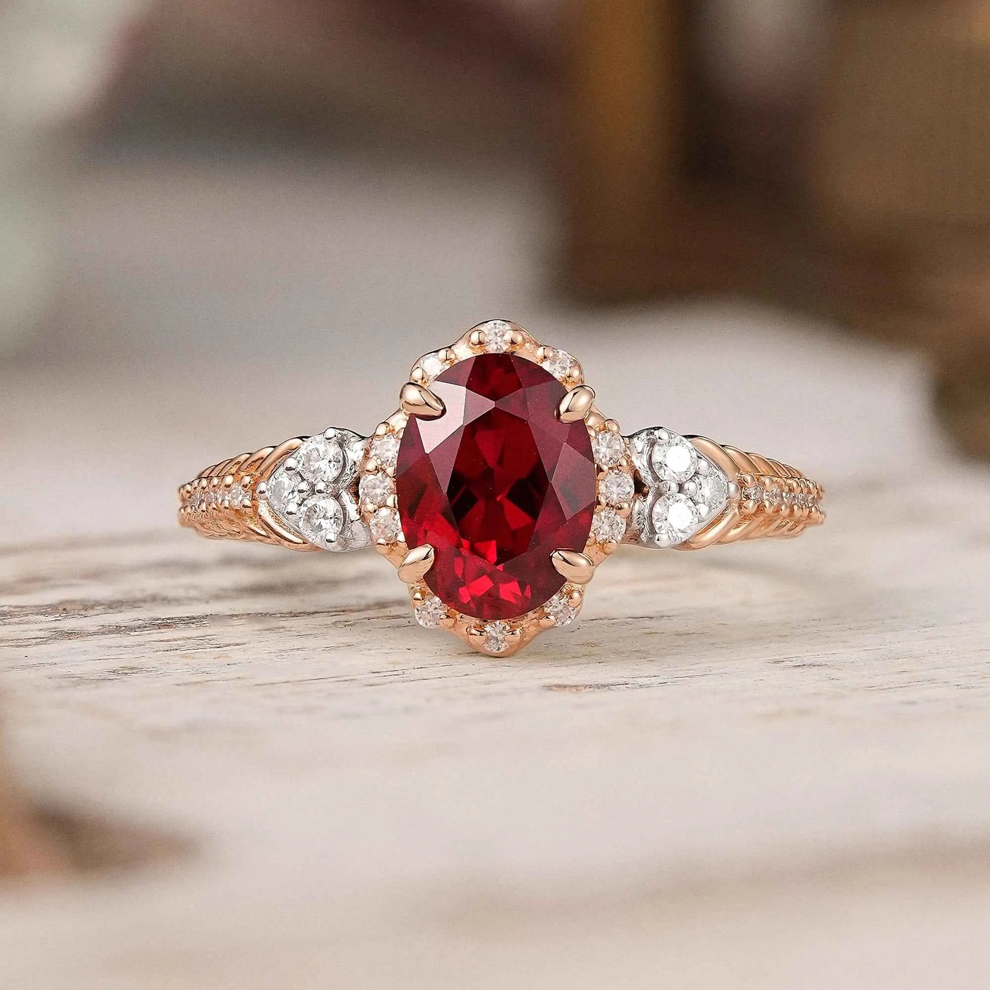 Oval Cut Ruby Halo Vintage Inspired Engagement Ring - GemsMagic