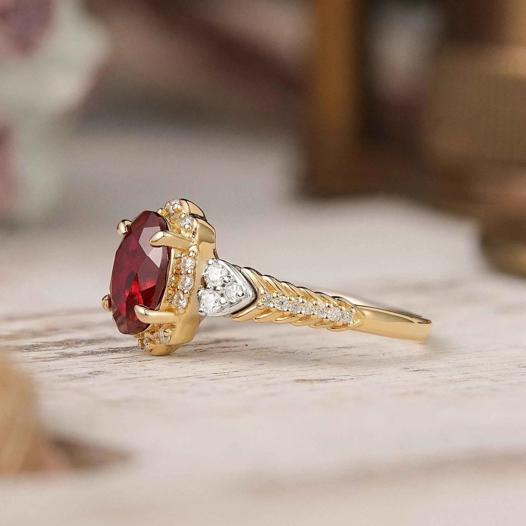Oval Cut Ruby Halo Vintage Inspired Engagement Ring - GemsMagic
