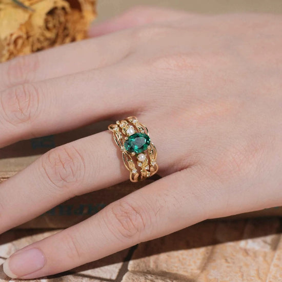 Oval Emerald & Pearl Leaf Enhancer Ring Set 2pcs - Surya - GemsMagic