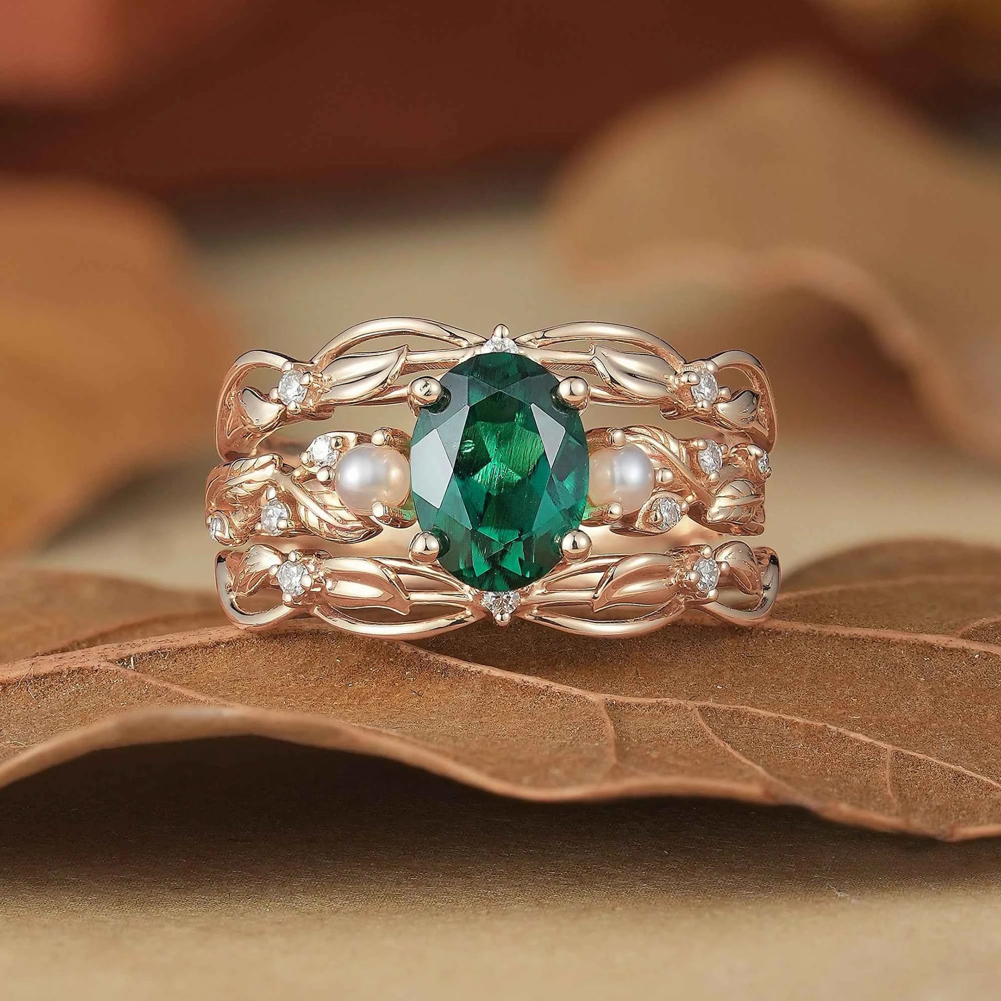 Oval Emerald & Pearl Leaf Enhancer Ring Set 2pcs - Surya - GemsMagic