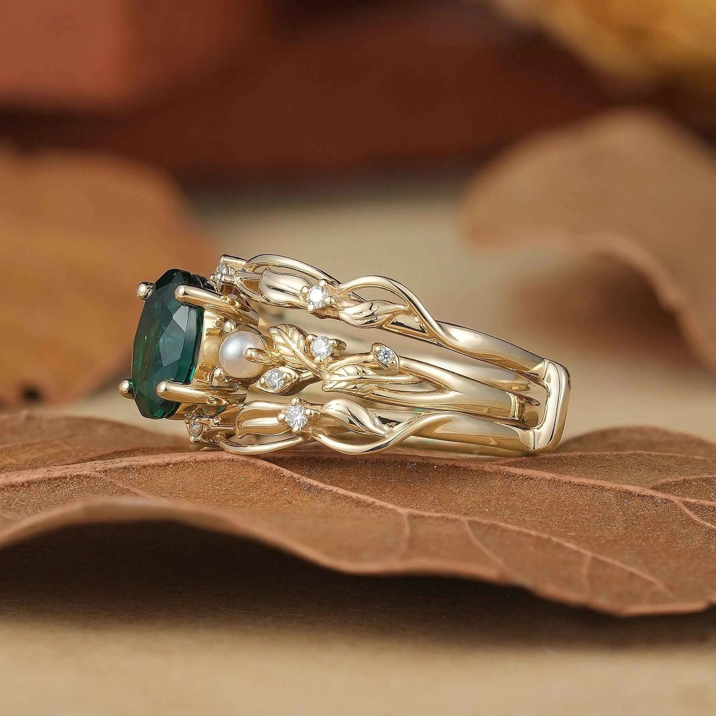 Oval Emerald & Pearl Leaf Enhancer Ring Set 2pcs - Surya - GemsMagic