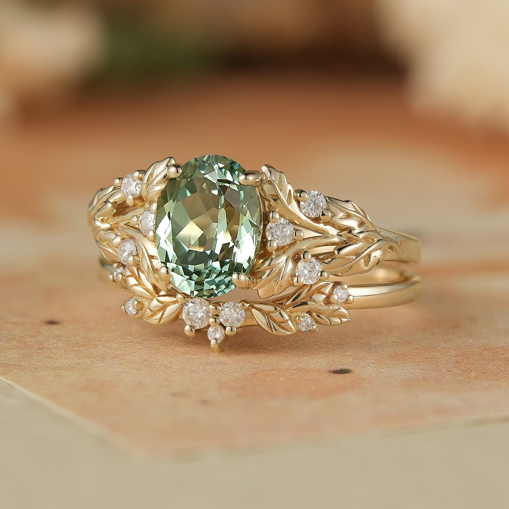 Oval Green Sapphire & Moissanite Ring Set 2pcs - Kairi - GemsMagic