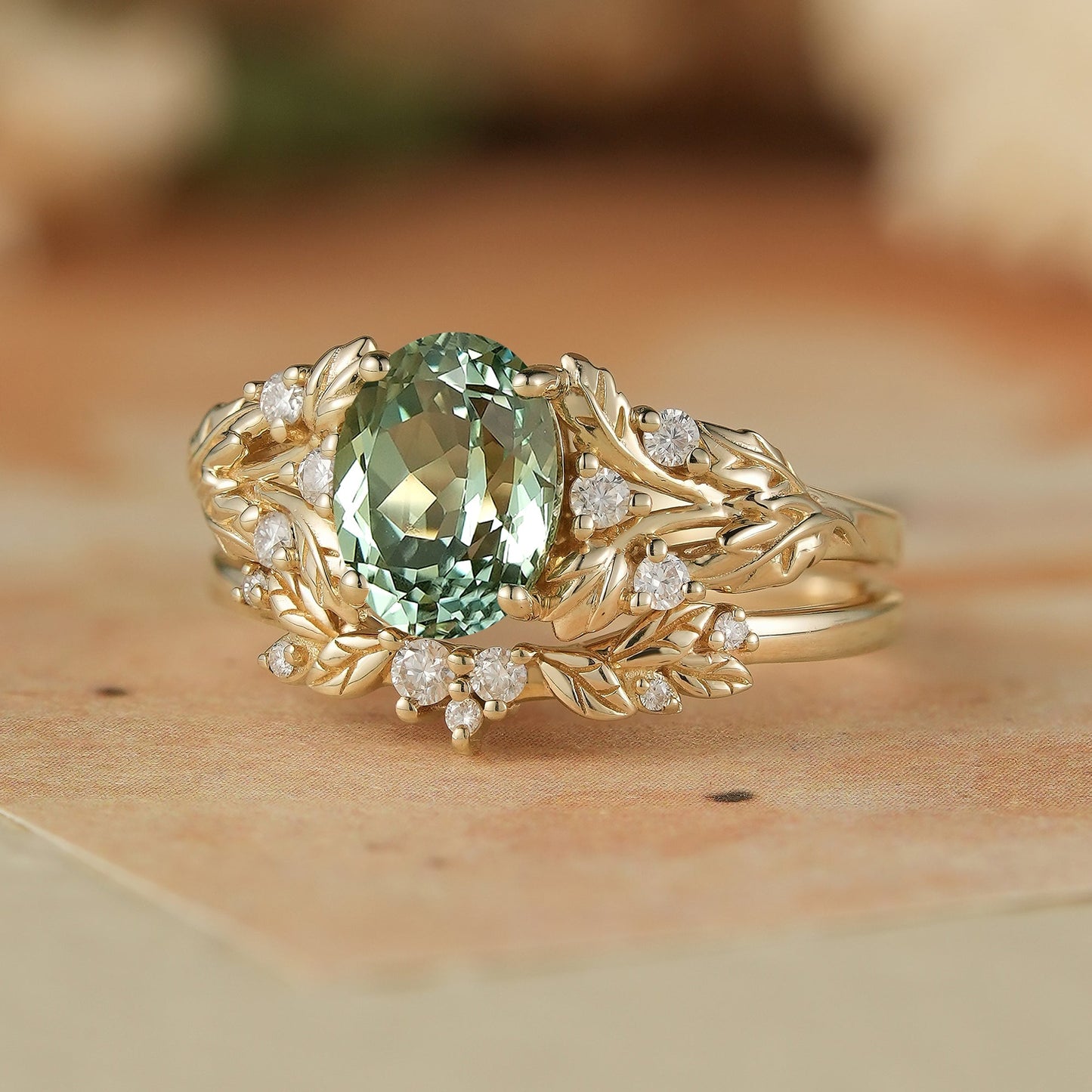 Oval Green Sapphire & Moissanite Ring Set 2pcs - Kairi - GemsMagic