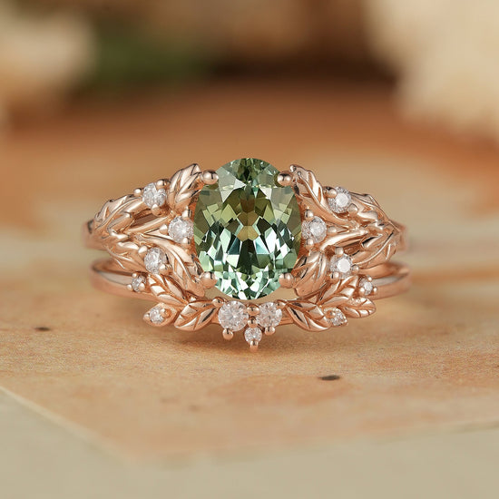 Oval Green Sapphire & Moissanite Ring Set 2pcs - Kairi - GemsMagic