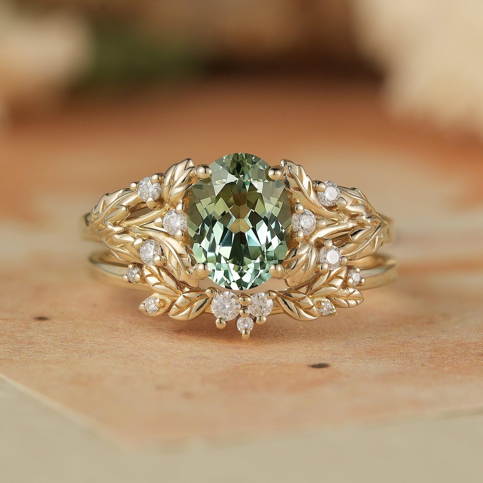 Oval Green Sapphire & Moissanite Ring Set 2pcs - Kairi - GemsMagic