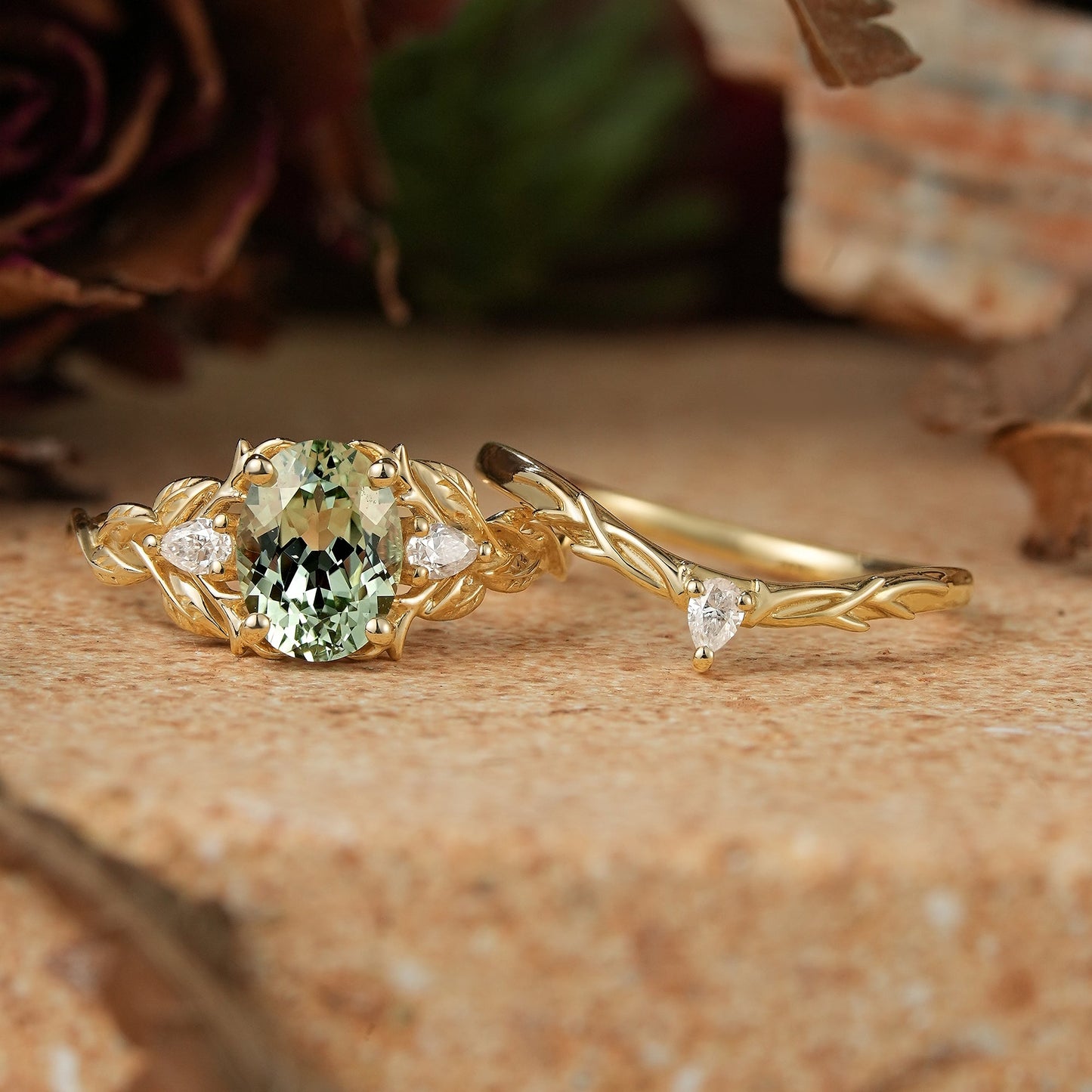 Oval Green Sapphire Nature Inspired Bridal Ring Set Stag Elven Ring Set - GemsMagic
