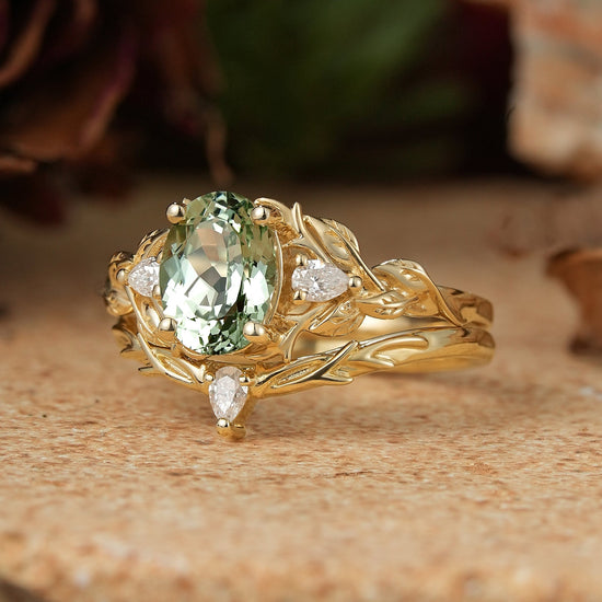 Oval Green Sapphire Nature Inspired Bridal Ring Set Stag Elven Ring Set - GemsMagic
