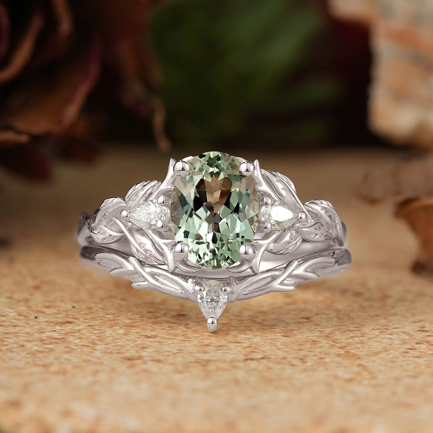 Oval Green Sapphire Nature Inspired Bridal Ring Set Stag Elven Ring Set - GemsMagic