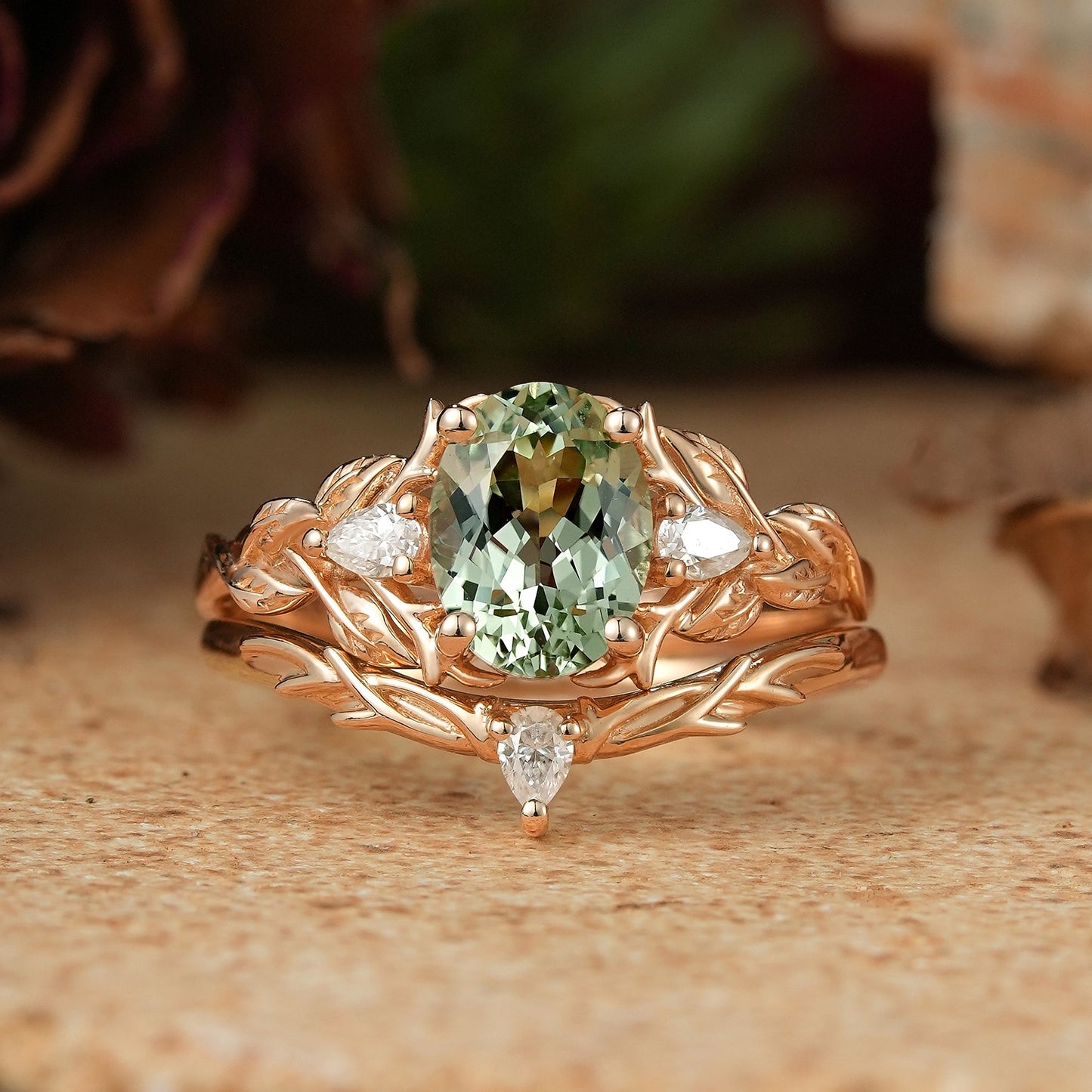 Oval Green Sapphire Nature Inspired Bridal Ring Set Stag Elven Ring Set - GemsMagic