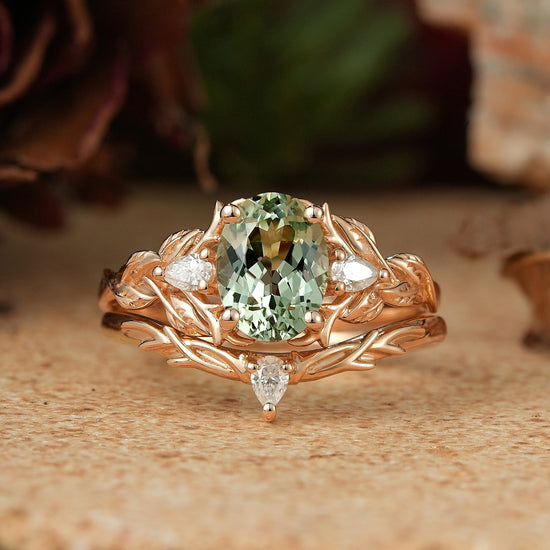 Oval Green Sapphire Nature Inspired Bridal Ring Set Stag Elven Ring Set - GemsMagic