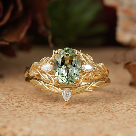 Oval Green Sapphire Nature Inspired Bridal Ring Set Stag Elven Ring Set - GemsMagic