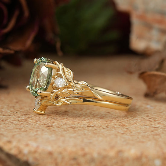 Oval Green Sapphire Nature Inspired Bridal Ring Set Stag Elven Ring Set - GemsMagic