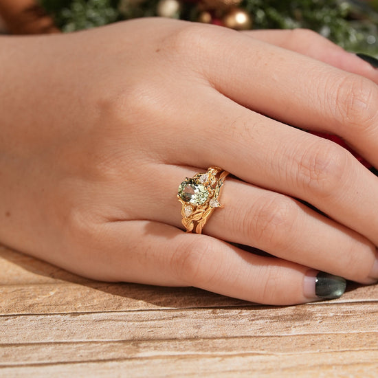 Oval Green Sapphire Nature Inspired Bridal Ring Set Stag Elven Ring Set - GemsMagic