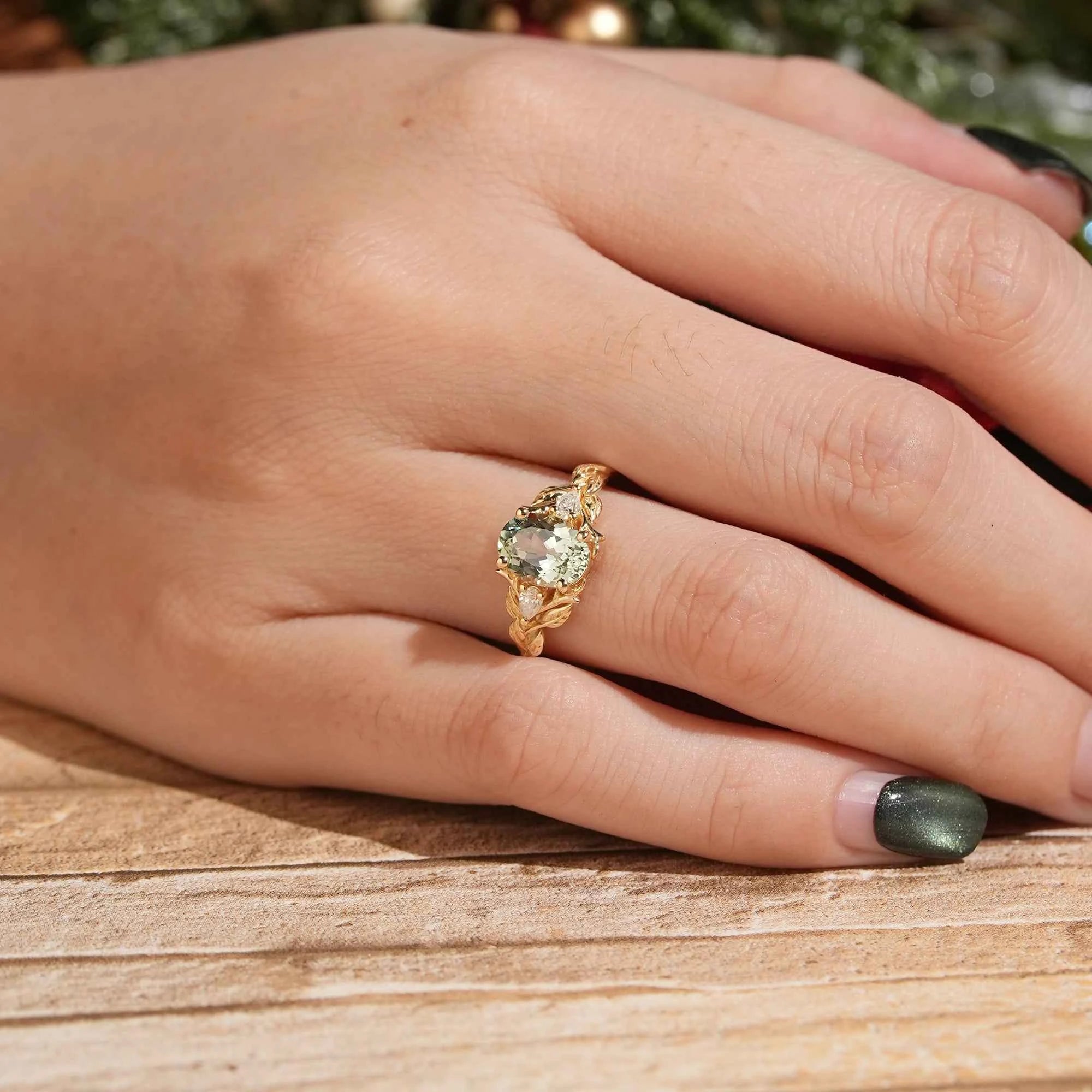 Oval Green Sapphire Nature Inspired Engagement Ring Stag Ring - GemsMagic