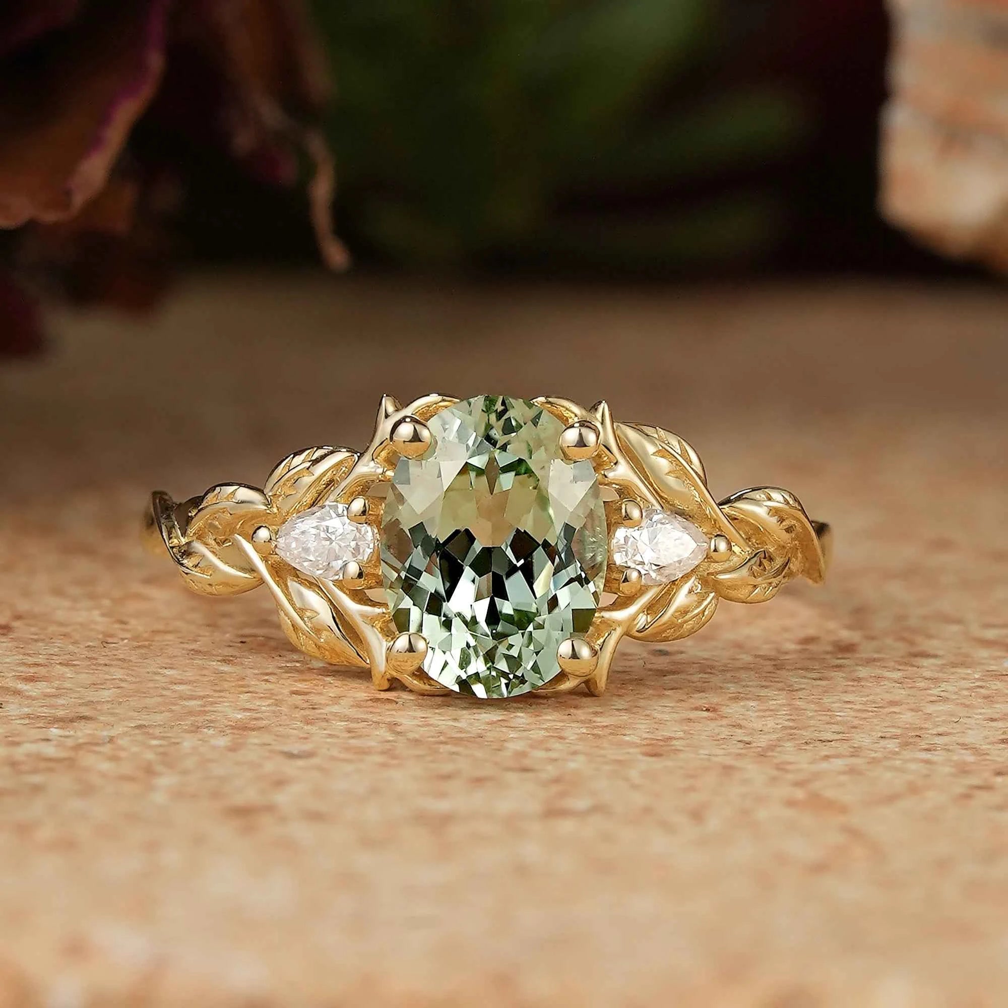 Oval Green Sapphire Nature Inspired Engagement Ring Stag Ring - GemsMagic