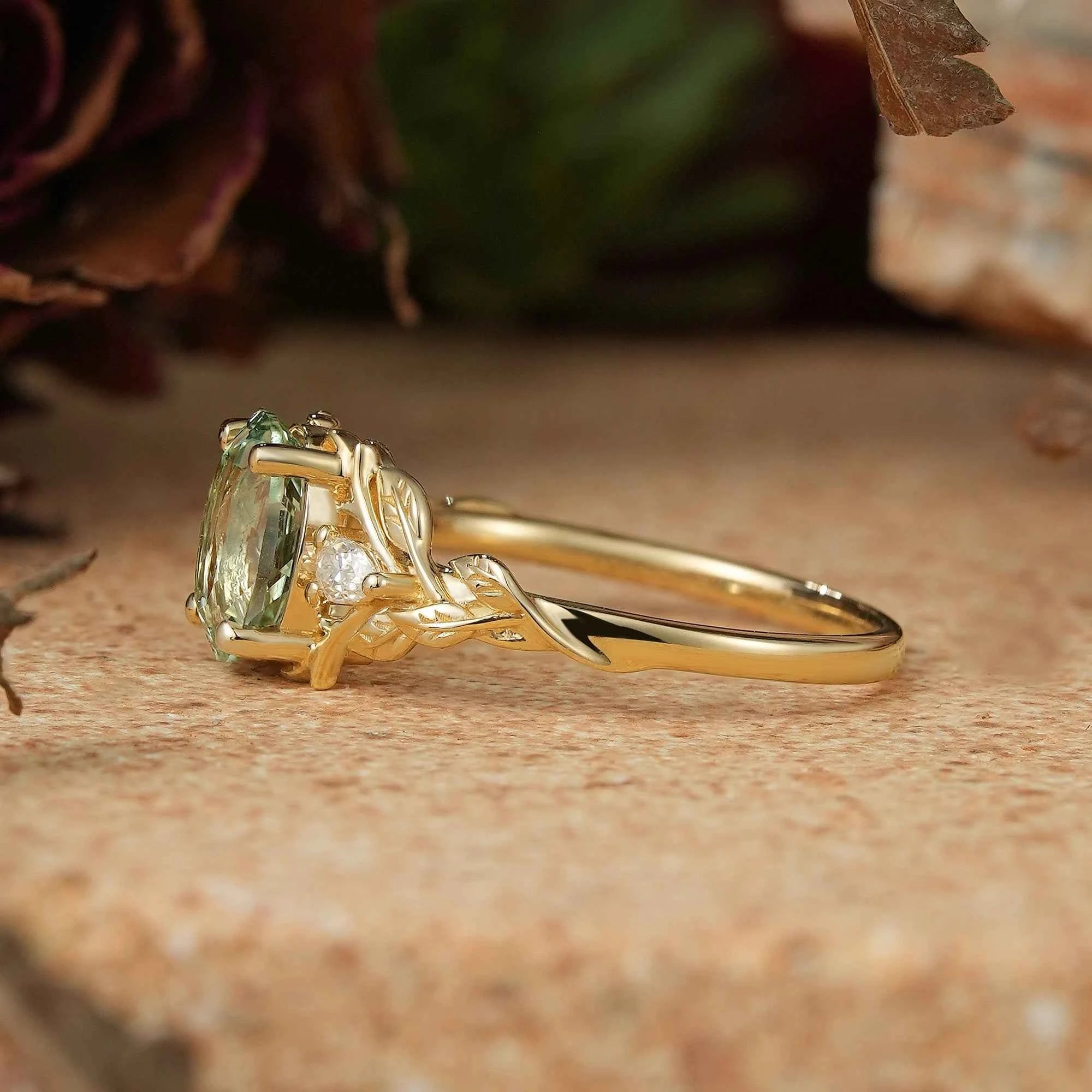 Oval Green Sapphire Nature Inspired Engagement Ring Stag Ring - GemsMagic