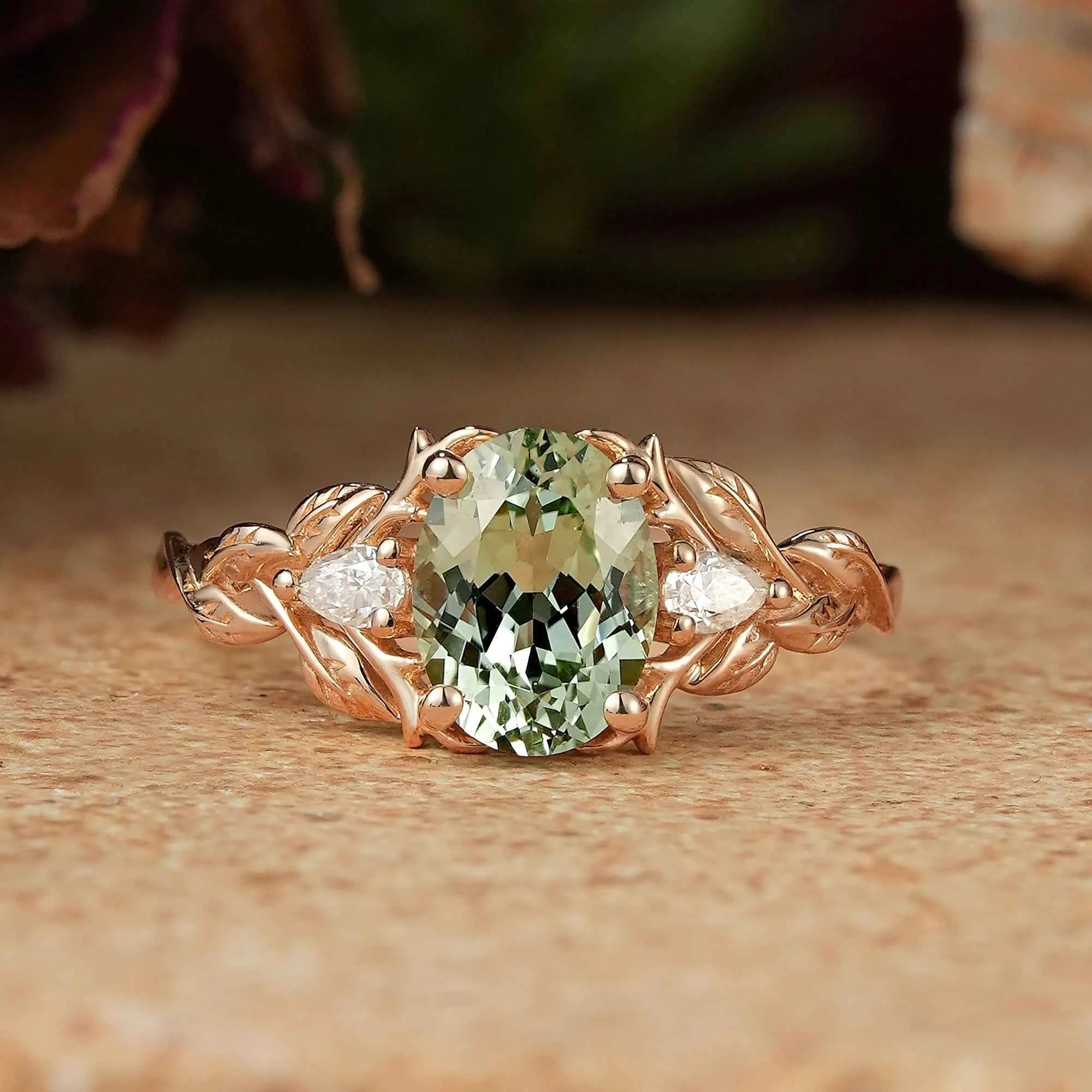Oval Green Sapphire Nature Inspired Engagement Ring Stag Ring - GemsMagic