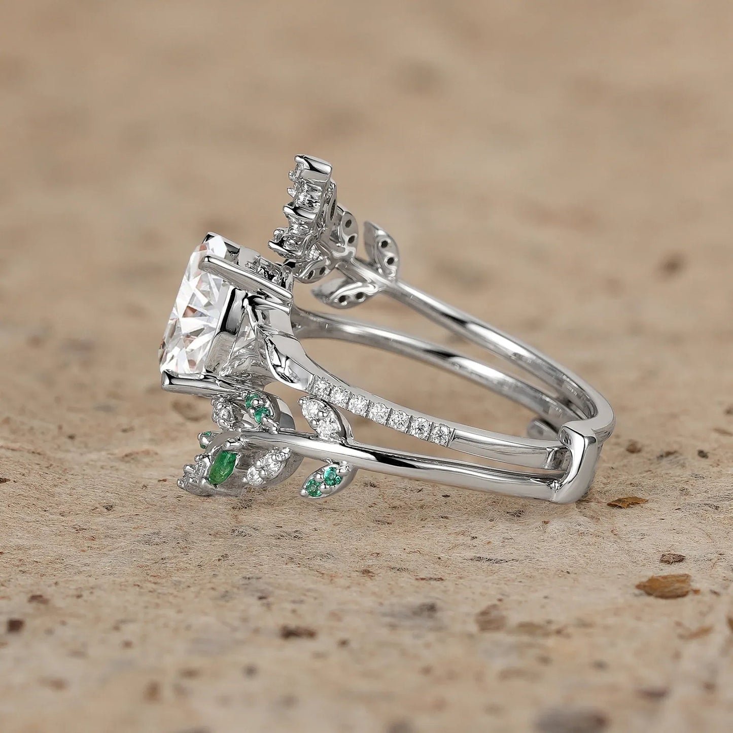 Oval Moissanite and Emerald Half Eternity Leaf Engagement Ring Set 2pcs - Aphrodite - GemsMagic - GemsMagic