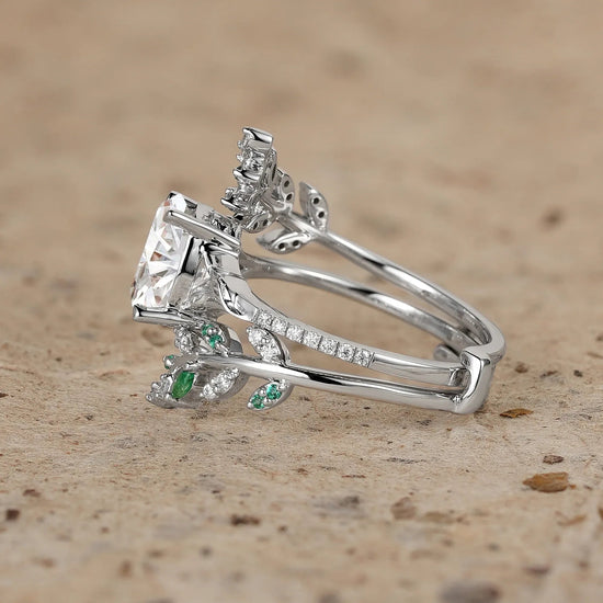 Oval Moissanite and Emerald Half Eternity Leaf Engagement Ring Set 2pcs - Aphrodite - GemsMagic - GemsMagic
