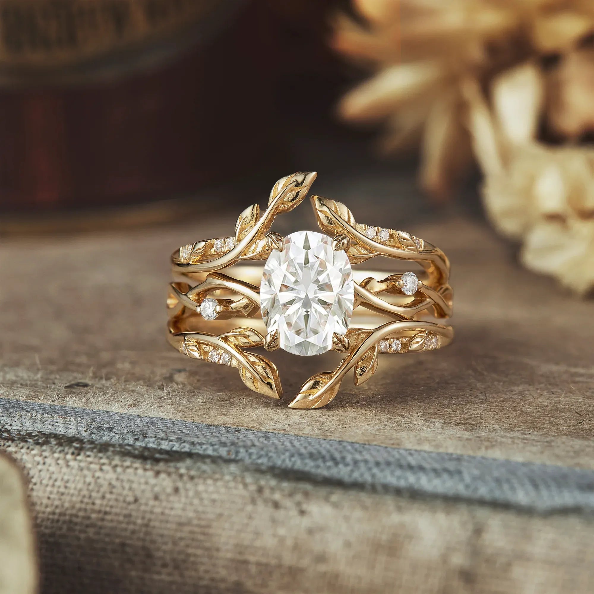 Oval Moissanite Cluster Floral Engagement Ring Set - Beata - GemsMagic