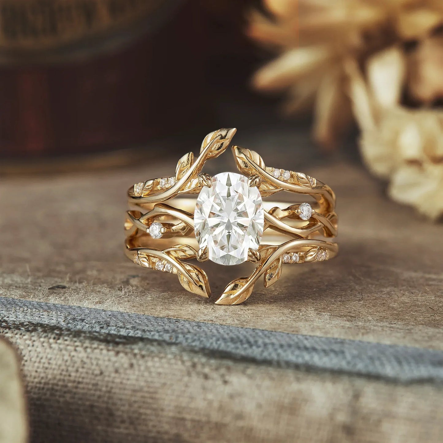 Oval Moissanite Cluster Floral Engagement Ring Set - Beata - GemsMagic