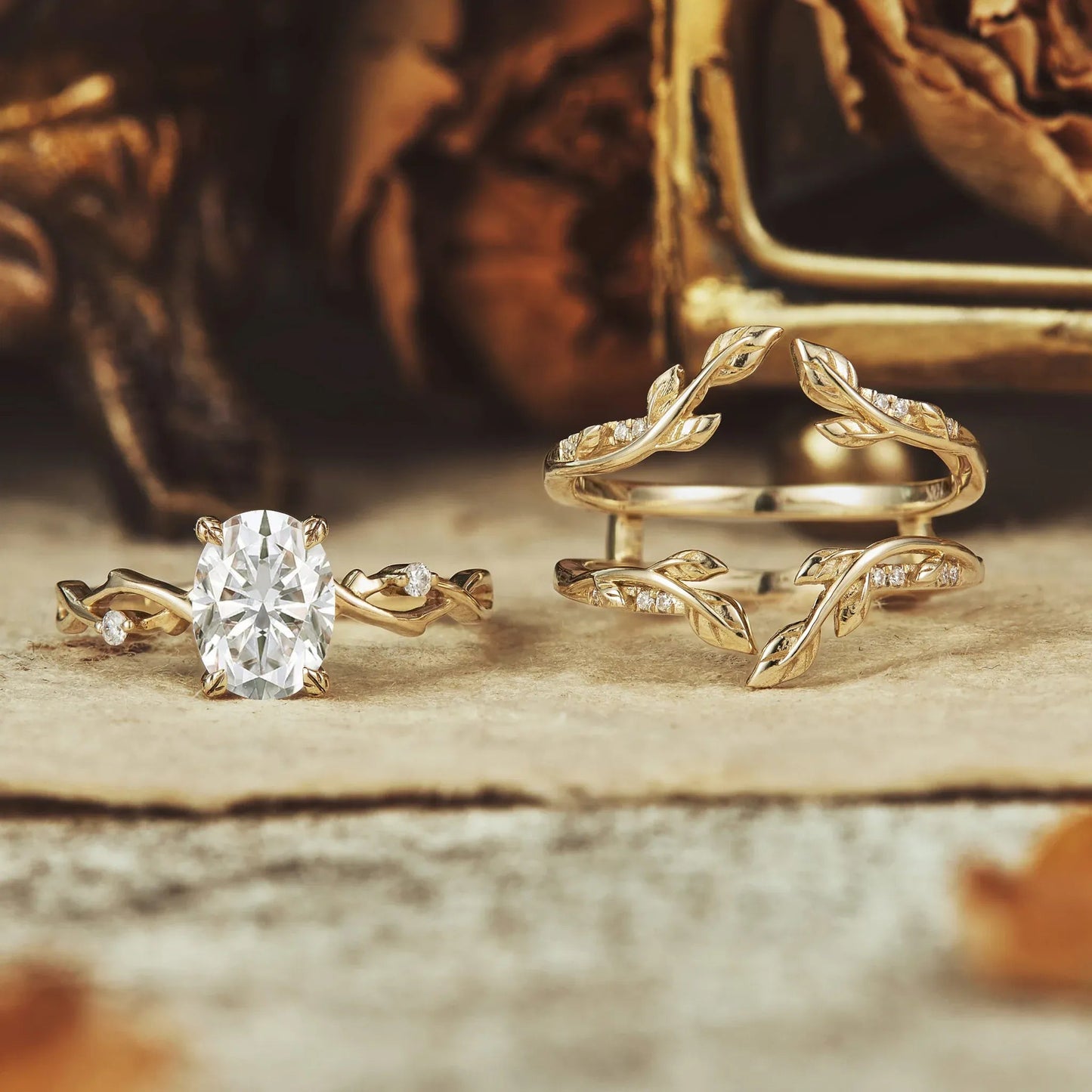 Oval Moissanite Cluster Floral Engagement Ring Set - Beata - GemsMagic