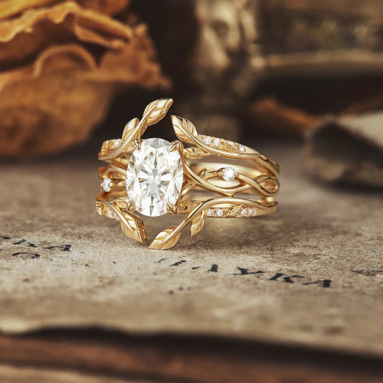 Oval Moissanite Cluster Floral Engagement Ring Set - Beata - GemsMagic