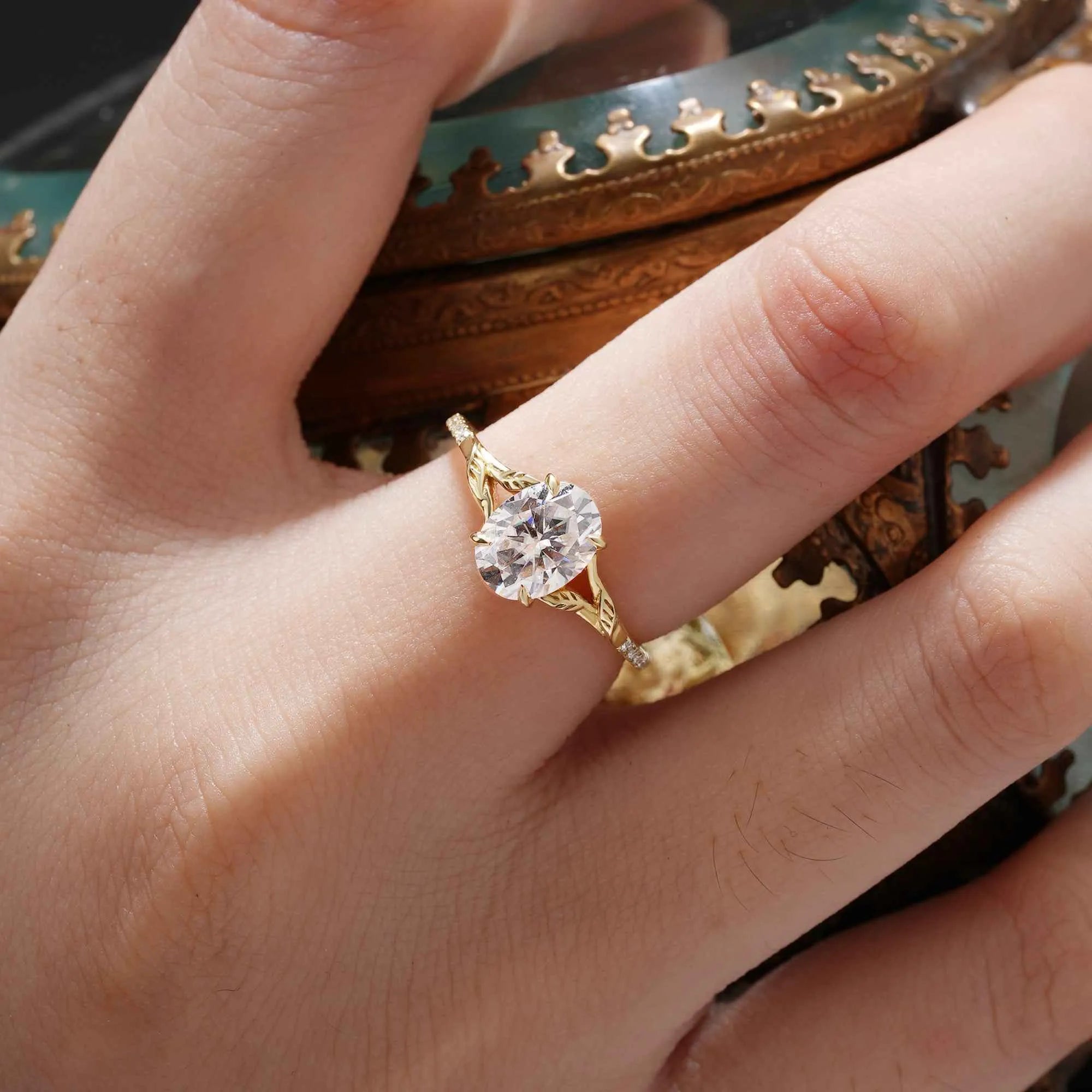 Oval Moissanite Half Eternity Leaf Engagement Ring - GemsMagic - GemsMagic