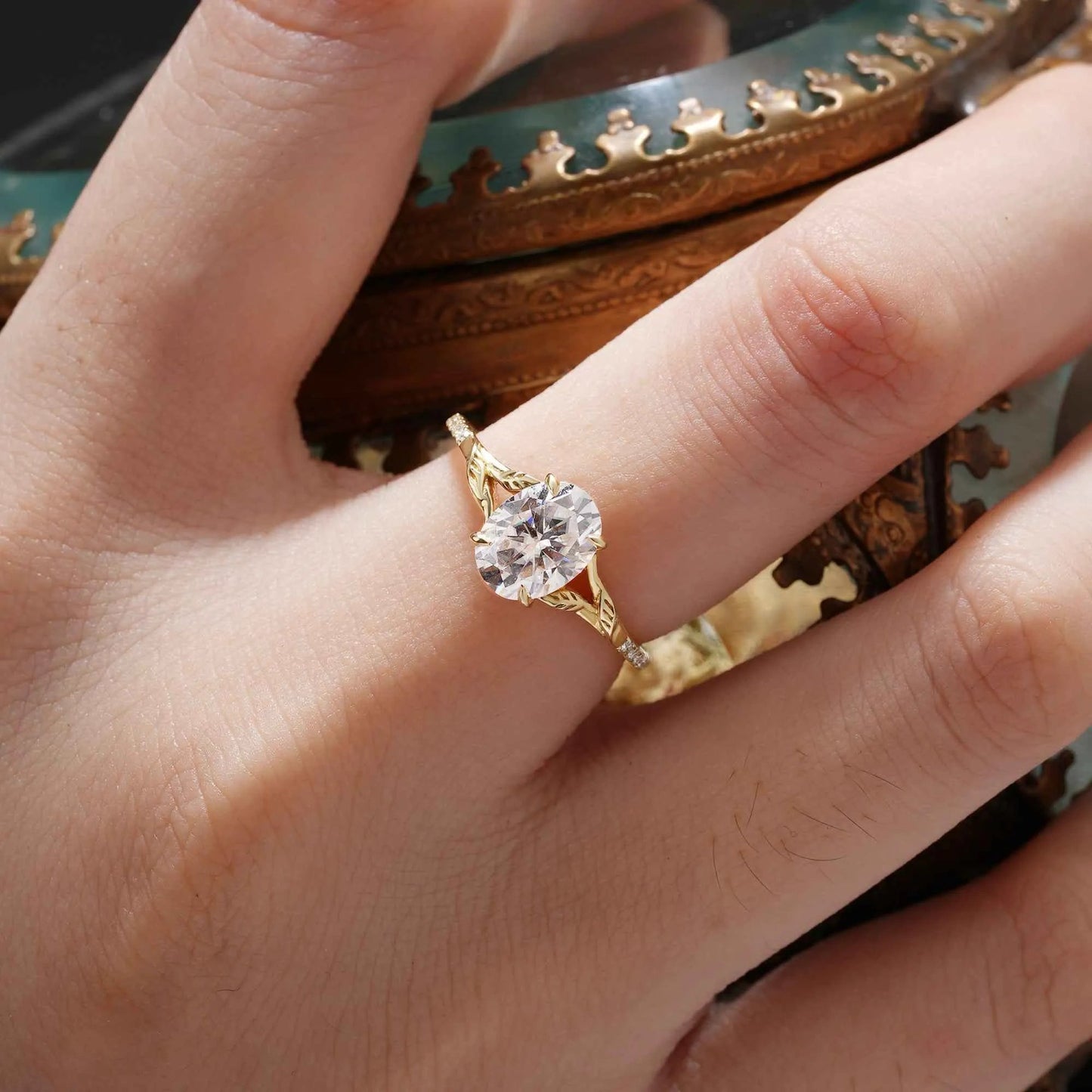 Oval Moissanite Half Eternity Leaf Engagement Ring - GemsMagic - GemsMagic