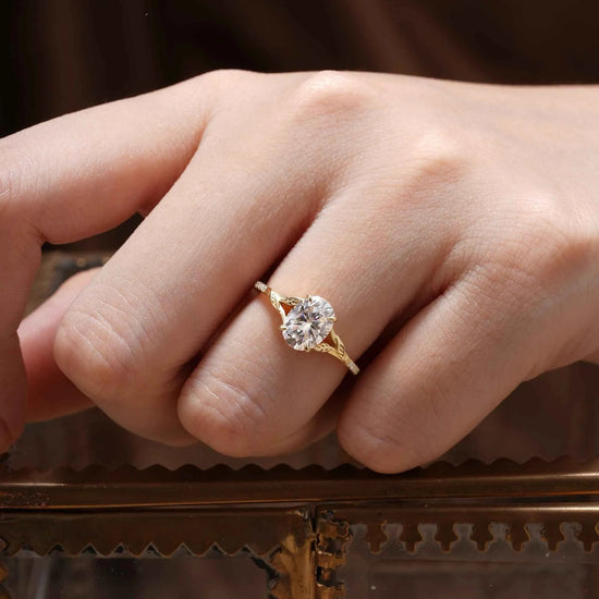 Oval Moissanite Half Eternity Leaf Engagement Ring - GemsMagic - GemsMagic