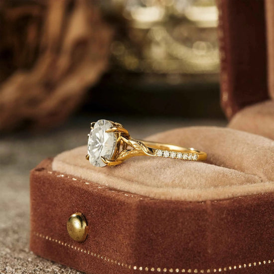 Oval Moissanite Half Eternity Leaf Engagement Ring - GemsMagic - GemsMagic