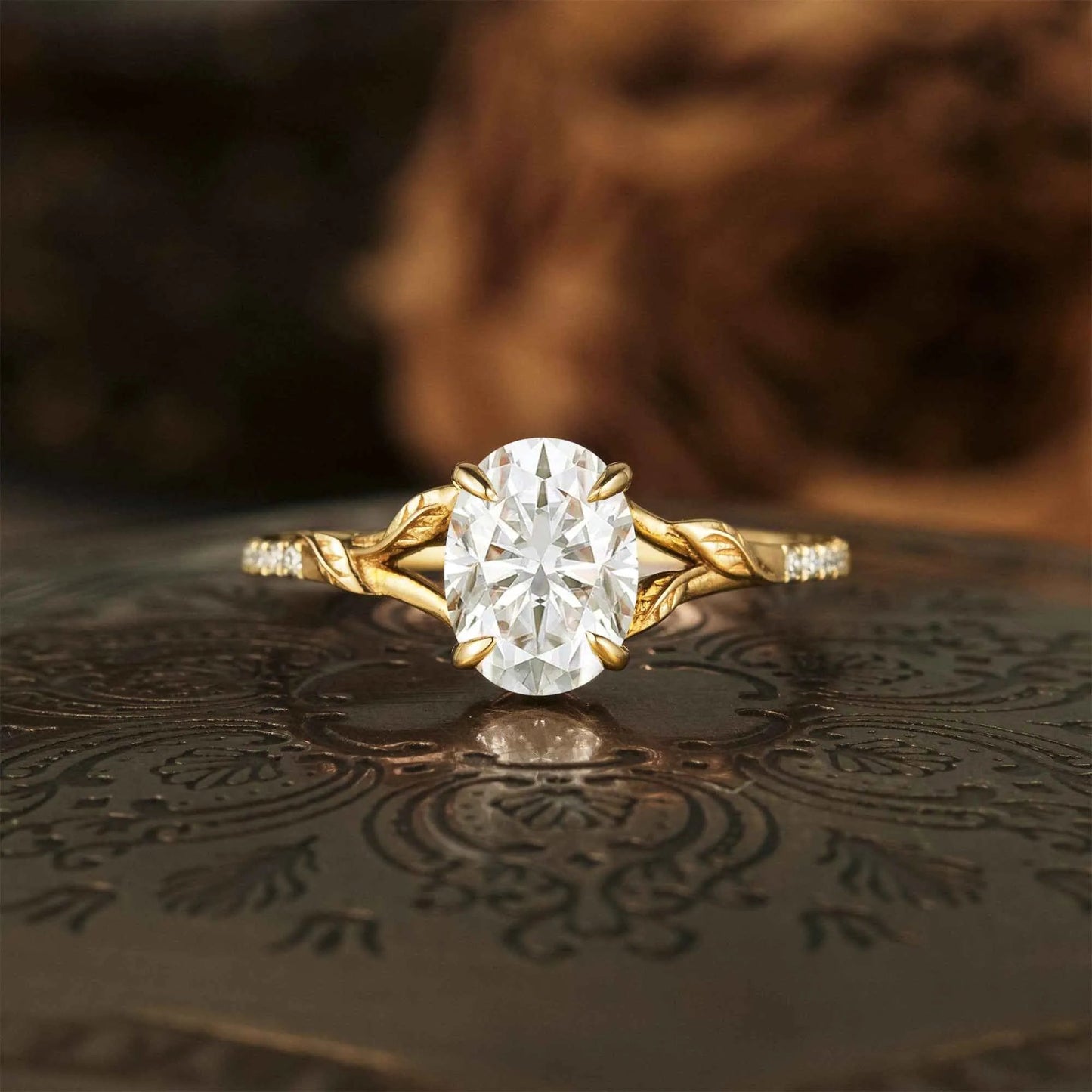 Oval Moissanite Half Eternity Leaf Engagement Ring - GemsMagic - GemsMagic