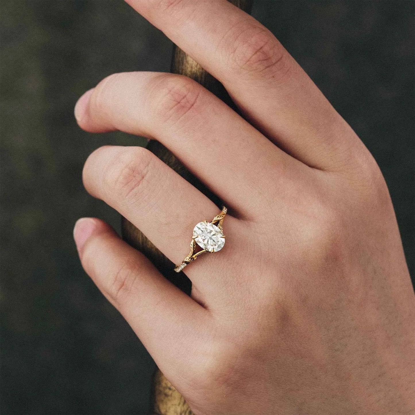 Oval Moissanite Half Eternity Leaf Engagement Ring - GemsMagic - GemsMagic