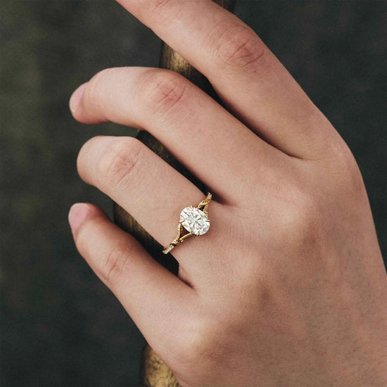 Oval Moissanite Half Eternity Leaf Engagement Ring - GemsMagic - GemsMagic