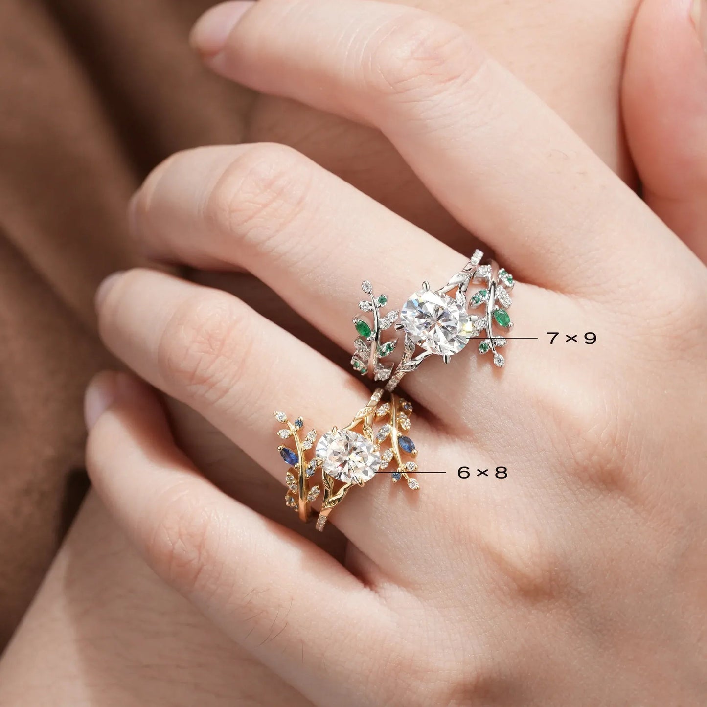 Oval Moissanite Half Eternity Leaf Engagement Ring Set 2pcs - Aphrodite - GemsMagic - GemsMagic