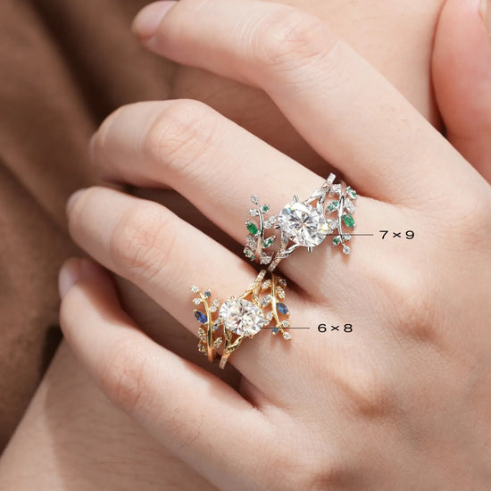 Oval Moissanite Half Eternity Leaf Engagement Ring Set 2pcs - Aphrodite - GemsMagic - GemsMagic